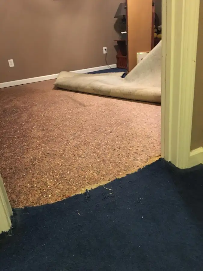 Carpet pad removal revealing water damage during Drying & Dehumidification in American Falls